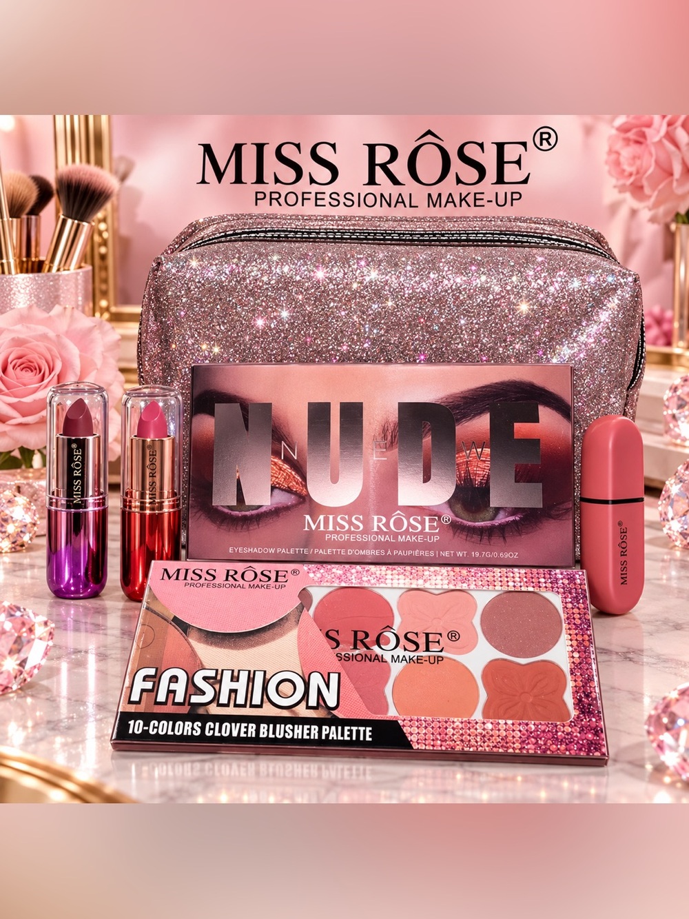 NWT Miss Rose Nude Eyeshadow & Blush Makeup Set + 3 Lipsticks & Bag